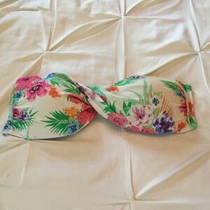 Tropical Floral Bandeau Bikini Top - White with Pink & Green Print